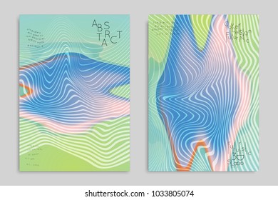 Abstract cover template with stripes on colorful blurred background. Poster with gradient colored  fluid shapes. Bright liquid striped futuristic banner with marble texture over glow color.