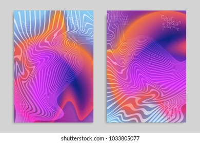 Abstract cover template with stripes on colorful blurred background. Poster with gradient colored  fluid shapes. Bright liquid striped futuristic banner with marble texture over glow color.