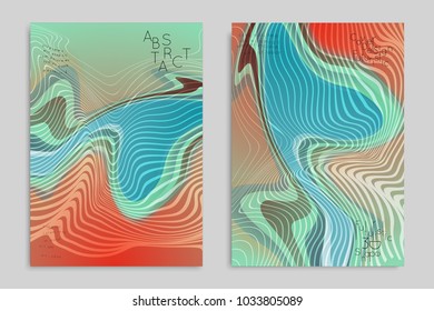 Abstract cover template with stripes on colorful blurred background. Poster with gradient colored  fluid shapes. Bright liquid striped futuristic banner with marble texture over glow color.