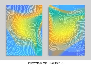 Abstract cover template with stripes on colorful blurred background. Poster with gradient colored  fluid shapes. Bright liquid striped futuristic banner with marble texture over glow color.
