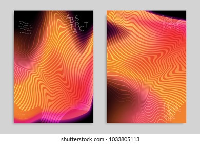Abstract cover template with stripes on colorful blurred background. Poster with gradient colored  fluid shapes. Bright liquid striped futuristic banner with marble texture over glow color.