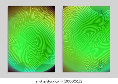 Abstract cover template with stripes on colorful blurred background. Poster with gradient colored  fluid shapes. Bright liquid striped futuristic banner with marble texture over glow color.