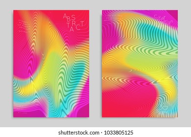 Abstract cover template with stripes on colorful blurred background. Poster with gradient colored  fluid shapes. Bright liquid striped futuristic banner with marble texture over glow color.