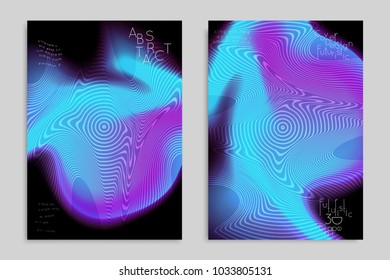 Abstract cover template with stripes on colorful blurred background. Poster with gradient colored  fluid shapes. Bright liquid striped futuristic banner with marble texture over glow color.