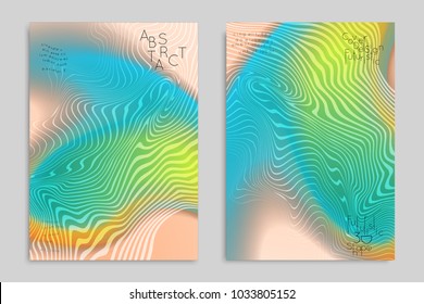 Abstract cover template with stripes on colorful blurred background. Poster with gradient colored  fluid shapes. Bright liquid striped futuristic banner with marble texture over glow color.