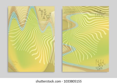 Abstract cover template with stripes on colorful blurred background. Poster with gradient colored  fluid shapes. Bright liquid striped futuristic banner with marble texture over glow color.
