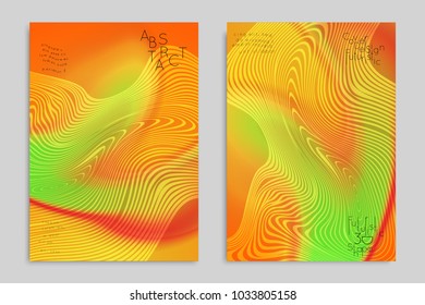 Abstract cover template with stripes on colorful blurred background. Poster with gradient colored  fluid shapes. Bright liquid striped futuristic banner with marble texture over glow color.