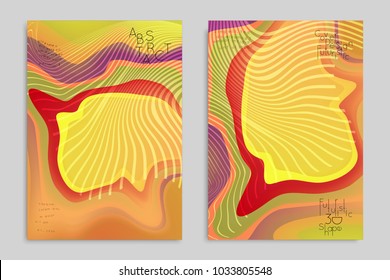 Abstract cover template with stripes on colorful blurred background. Poster with gradient colored  fluid shapes. Bright liquid striped futuristic banner with marble texture over glow color.