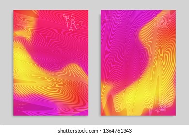 Abstract cover template with stripes on colorful blurred background. Poster with gradient colored  fluid shapes. Bright liquid striped futuristic banner with marble texture over glow color.