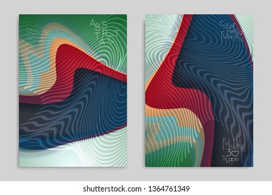 Abstract cover template with stripes on colorful blurred background. Poster with gradient colored  fluid shapes. Bright liquid striped futuristic banner with marble texture over glow color.