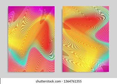 Abstract cover template with stripes on colorful blurred background. Poster with gradient colored  fluid shapes. Bright liquid striped futuristic banner with marble texture over glow color.