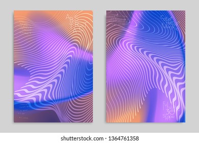 Abstract cover template with stripes on colorful blurred background. Poster with gradient colored  fluid shapes. Bright liquid striped futuristic banner with marble texture over glow color.