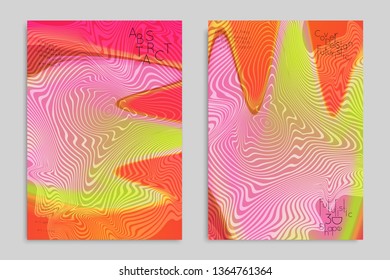 Abstract cover template with stripes on colorful blurred background. Poster with gradient colored  fluid shapes. Bright liquid striped futuristic banner with marble texture over glow color.