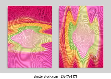 Abstract cover template with stripes on colorful blurred background. Poster with gradient colored  fluid shapes. Bright liquid striped futuristic banner with marble texture over glow color.