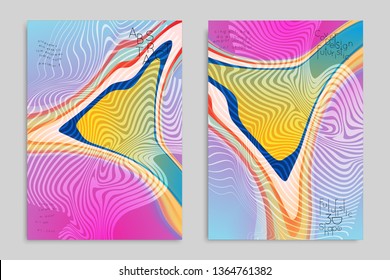 Abstract cover template with stripes on colorful blurred background. Poster with gradient colored  fluid shapes. Bright liquid striped futuristic banner with marble texture over glow color.