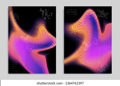 Abstract cover template with stripes on colorful blurred background. Poster with gradient colored  fluid shapes. Bright liquid striped futuristic banner with marble texture over glow color.
