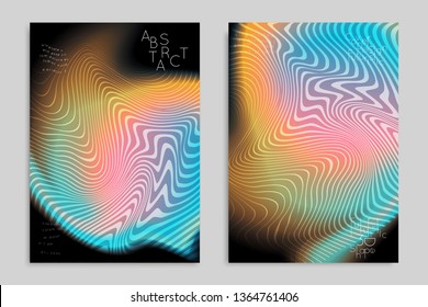 Abstract cover template with stripes on colorful blurred background. Poster with gradient colored  fluid shapes. Bright liquid striped futuristic banner with marble texture over glow color.