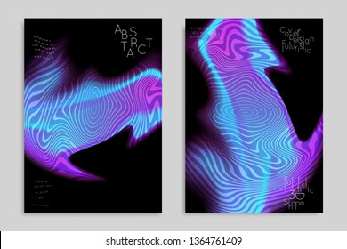 Abstract cover template with stripes on colorful blurred background. Poster with gradient colored  fluid shapes. Bright liquid striped futuristic banner with marble texture over glow color.
