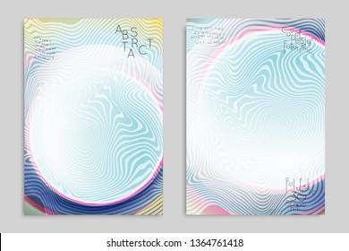 Abstract cover template with stripes on colorful blurred background. Poster with gradient colored  fluid shapes. Bright liquid striped futuristic banner with marble texture over glow color.