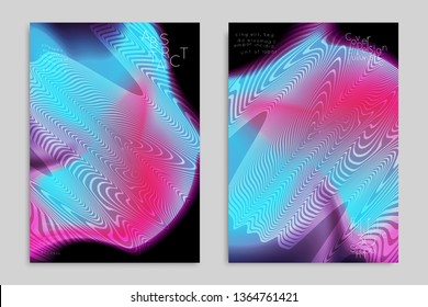 Abstract cover template with stripes on colorful blurred background. Poster with gradient colored  fluid shapes. Bright liquid striped futuristic banner with marble texture over glow color.