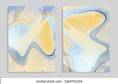 Abstract cover template with stripes on colorful blurred background. Poster with gradient colored  fluid shapes. Bright liquid striped futuristic banner with marble texture over glow color.