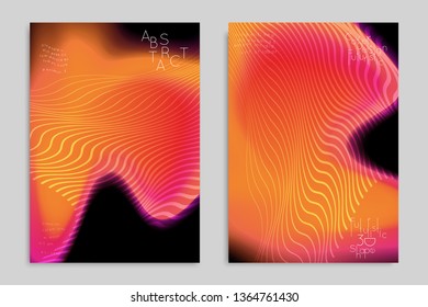 Abstract cover template with stripes on colorful blurred background. Poster with gradient colored  fluid shapes. Bright liquid striped futuristic banner with marble texture over glow color.