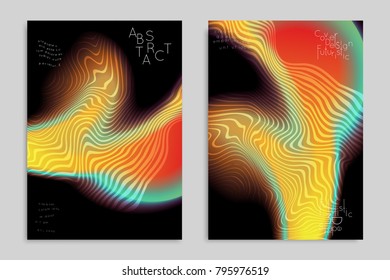 Abstract cover template with stripes on colorful blurred background. Poster with gradient colored  fluid shapes. Bright liquid striped futuristic banner with marble texture over glow color.
