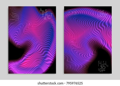 Abstract cover template with stripes on colorful blurred background. Poster with gradient colored  fluid shapes. Bright liquid striped futuristic banner with marble texture over glow color.