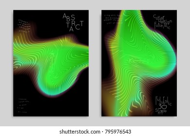 Abstract cover template with stripes on colorful blurred background. Poster with gradient colored  fluid shapes. Bright liquid striped futuristic banner with marble texture over glow color.
