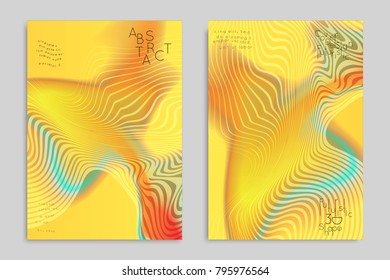 Abstract cover template with stripes on colorful blurred background. Poster with gradient colored  fluid shapes. Bright liquid striped futuristic banner with marble texture over glow color.