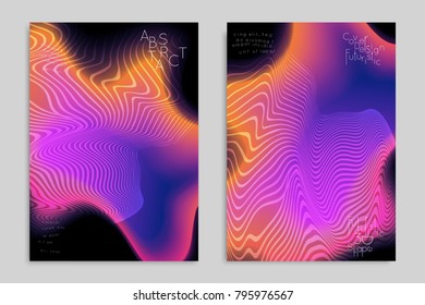 Abstract cover template with stripes on colorful blurred background. Poster with gradient colored  fluid shapes. Bright liquid striped futuristic banner with marble texture over glow color.