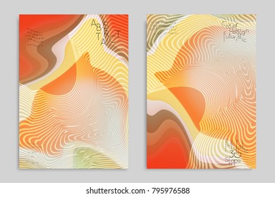 Abstract cover template with stripes on colorful blurred background. Poster with gradient colored  fluid shapes. Bright liquid striped futuristic banner with marble texture over glow color.