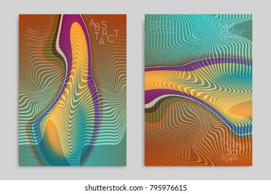 Abstract cover template with stripes on colorful blurred background. Poster with gradient colored  fluid shapes. Bright liquid striped futuristic banner with marble texture over glow color.