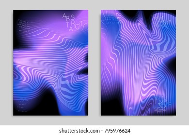 Abstract cover template with stripes on colorful blurred background. Poster with gradient colored  fluid shapes. Bright liquid striped futuristic banner with marble texture over glow color.