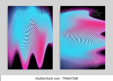 Abstract cover template with stripes on colorful blurred background. Poster with gradient colored  fluid shapes. Bright liquid striped futuristic banner with marble texture over glow color.