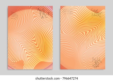 Abstract cover template with stripes on colorful blurred background. Poster with gradient colored  fluid shapes. Bright liquid striped futuristic banner with marble texture over glow color.