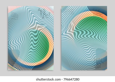 Abstract cover template with stripes on colorful blurred background. Poster with gradient colored  fluid shapes. Bright liquid striped futuristic banner with marble texture over glow color.