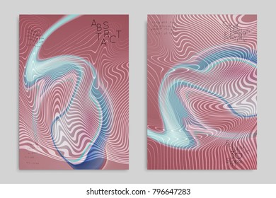 Abstract cover template with stripes on colorful blurred background. Poster with gradient colored  fluid shapes. Bright liquid striped futuristic banner with marble texture over glow color.