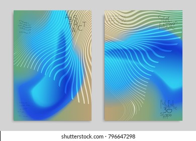 Abstract cover template with stripes on colorful blurred background. Poster with gradient colored  fluid shapes. Bright liquid striped futuristic banner with marble texture over glow color.