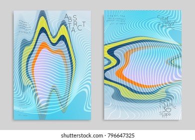 Abstract cover template with stripes on colorful blurred background. Poster with gradient colored  fluid shapes. Bright liquid striped futuristic banner with marble texture over glow color.