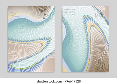Abstract cover template with stripes on colorful blurred background. Poster with gradient colored  fluid shapes. Bright liquid striped futuristic banner with marble texture over glow color.