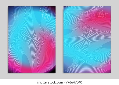 Abstract cover template with stripes on colorful blurred background. Poster with gradient colored  fluid shapes. Bright liquid striped futuristic banner with marble texture over glow color.