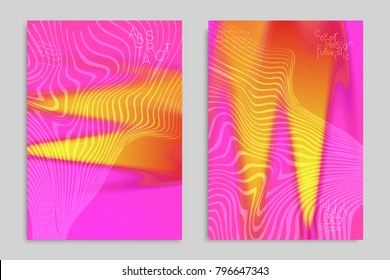 Abstract cover template with stripes on colorful blurred background. Poster with gradient colored  fluid shapes. Bright liquid striped futuristic banner with marble texture over glow color.