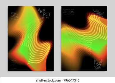 Abstract cover template with stripes on colorful blurred background. Poster with gradient colored  fluid shapes. Bright liquid striped futuristic banner with marble texture over glow color.