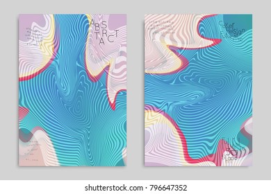 Abstract cover template with stripes on colorful blurred background. Poster with gradient colored  fluid shapes. Bright liquid striped futuristic banner with marble texture over glow color.