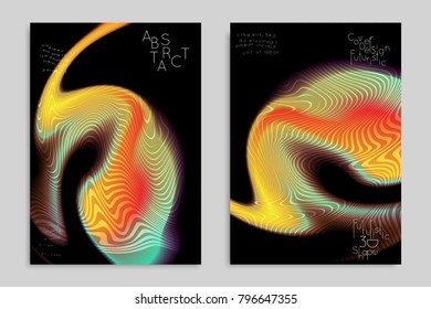 Abstract cover template with stripes on colorful blurred background. Poster with gradient colored  fluid shapes. Bright liquid striped futuristic banner with marble texture over glow color.