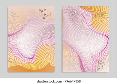 Abstract cover template with stripes on colorful blurred background. Poster with gradient colored  fluid shapes. Bright liquid striped futuristic banner with marble texture over glow color.