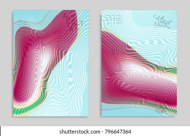 Abstract cover template with stripes on colorful blurred background. Poster with gradient colored  fluid shapes. Bright liquid striped futuristic banner with marble texture over glow color.