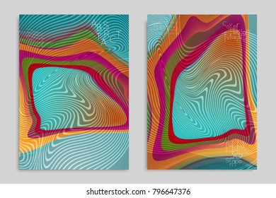 Abstract cover template with stripes on colorful blurred background. Poster with gradient colored  fluid shapes. Bright liquid striped futuristic banner with marble texture over glow color.