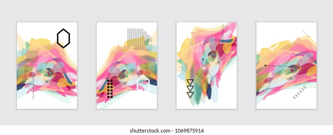 Abstract cover template with watercolor design elements. Poster with geometric shapes and multicolored transparent random overlapping shapes creating vector watercolor effect.